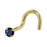 Solid 14kt Yellow Gold 2mm Blue Cubic Zirconia Solitaire Nose Ring