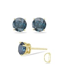 1/2 (0.46-0.55) Cts ( I1 ) Round Teal Blue Diamond Stud Earrings in 14K Yellow Gold-Screw Backs