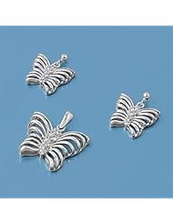 Sterling Silver CZ Striped Wings Butterfly Earring Pendant Set