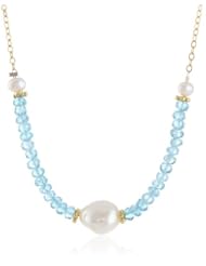 Gemstone Rondelle and White Baroque Freshwater Cultured Pearl Gold over Silver Chain Necklace, 16"+2" Extender