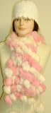 Four Strand Luxurious Long Rabbit Fur White and Pink Two Color Scarf for Women and Teens Offered in Combination with Hand Crocheted White Chenille and Gimp Tweed Skull Cap