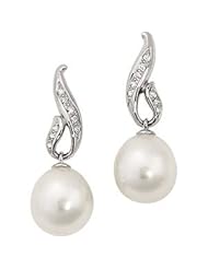 Jewelplus South Sea Cultured Pearl & Diamond Drop Earrings 14K White Pair 1/5 Cttw/12.00Mm