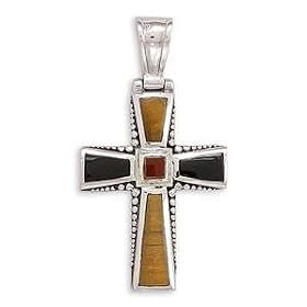 Cross Pendant Carnelian Black Onyx Tiger's Eye Multistone Sterling Silver