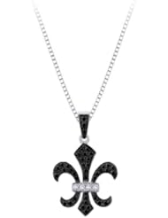 Fleur-De-Lis" Black and White Diamond Pendant in Sterling Silver with Chain (1/4 cttw)