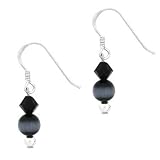 Sterling Silber schwarz Glas Katzen Auge Echte Swarovski Kristall Perlen Ohrringe