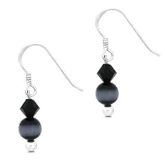 Sterling Silber schwarz Glas Katzen Auge Echte Swarovski Kristall Perlen Ohrringe