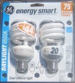 2-Pk GE 75 watt equivalent Daylight 6500k CFL Compact Fluorescent light bulbs