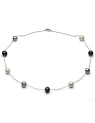 Sterling Silver 9-10mm Multicolored Black-White-Grey Freshwater Pearl Wire Cable Chain Necklace 18" Length.