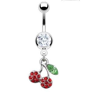 White Crystal Cubic Zirconia Belly Button Ring Silver Bar - Cherry Dangle Belly Button Ring (1pc)