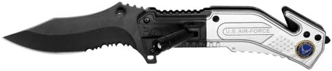 3.5" AIR FORCE POCKET Folding Knife w/ LED Light Features seatbelt cutter, glass breaker, and belt clip on back of knife, as well as a fold-out LED flashlight SIZE 8"