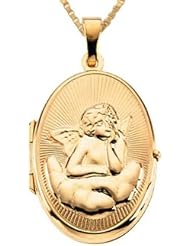 14K Yellow Gold Oval Angel Locket Charm Pendant Necklace