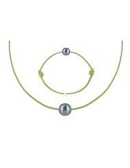 Les Poulettes Jewels - Necklace and Bracelet Set Dark Grey Pearl 8-9 mm with Green Color Wax Cord