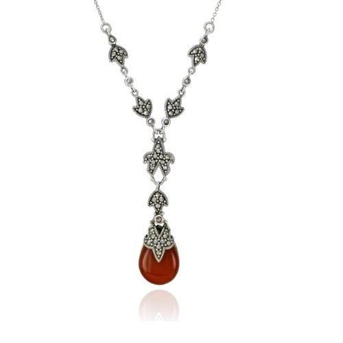 Sterling Silver Marcasite and Carnelian Teardrop Necklace