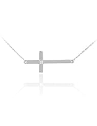 14k Solid White Gold Sideways Diamond Cross Necklace