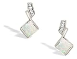14K White Gold Genuine Square Opal and Diamond Drop Earrings