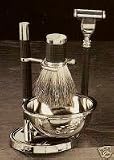Shaving Shave Set Mach 3 Razor Badger Brush w/ Soap Dish on Stand Black Silver Plated