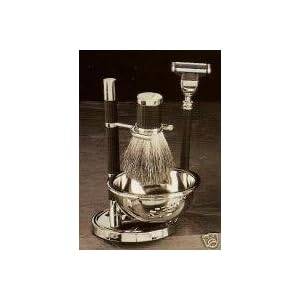 Shaving Shave Set BB22 Mach 3 Razor Badger Brush w/ Soap Dish on Stand Black Silver Plated