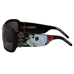 Ed Hardy Skull and Roses Wraparound Sunglasses: Black/Grey
