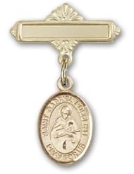 Gold Filled Baby Badge with St. Gabriel Possenti Charm and Polished Badge Pin