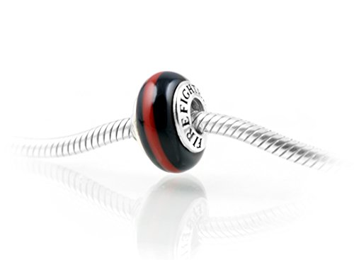Pandora Compatible FIREFIGHTER Charm: Firetruck Red on Black Glass with Sterling Silver Threaded Core