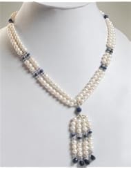 Exclusive 2 Strands Natural Beautiful Pearl & Blue Sapphire Drops Beaded Necklace