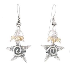 Double Sided Star and Citrine Gemstone Bead Dangle Earrings with Whirlwind Design and in Sterling Silver, #8110