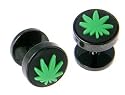 136L Stainless Steel Marijuana Leaf Fake Plug with Rubber Logo Face Width: 10mm Gauge: 16 - Sold as Pair