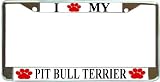 I Love My Pit Bull Terrier Paw Prints Dog Chrome Metal License Plate Frame Holder