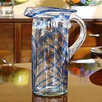 NOVICA Blown glass pitcher, 'Blue Caress'