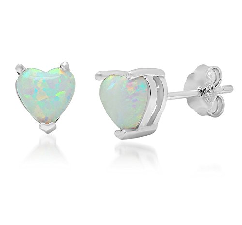 .925 Sterling Silver 6mm Heart Shape Created Opal Stud Earrings