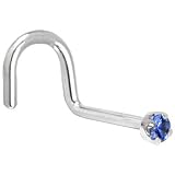 Solid 14KT White Gold 2mm Genuine Blue Sapphire Nostril Screw - 20 Gauge