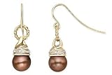 7-8mm Chocolate Cultured Freshwater Pearl and 1/7 Carat Diamond 14K Yellow Gold Earrings