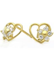 14K Gold Stud Screwback Earring Heart with Flower Yellow Gold Earring With Screw Back