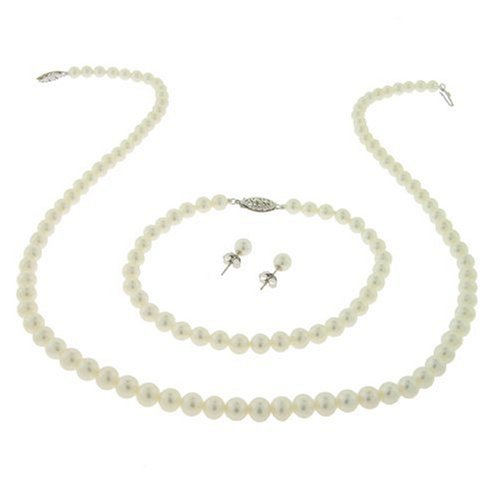 14k White Gold 5-5.5mm Freshwater Cultured Pearl Necklace Bracelet and Stud Earring Set