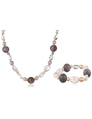 Sterling Silver White and Rose Quartz, Grey Agate and Freshwater Cultured Pearl Necklace and Bracelet Set, 18"