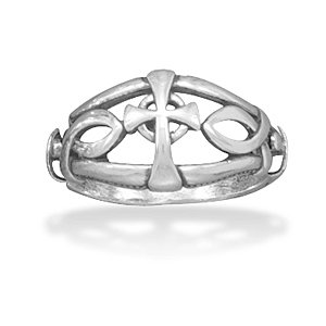 Ichthys and Cross Design Oxidized Ring