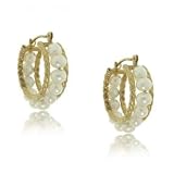 New Yellow Gold Rope Hoop Earrings with White Pearls
