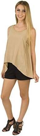 Jewel Neckline Detail Tank Top W/Crochet Back Inserts - Tan - Small