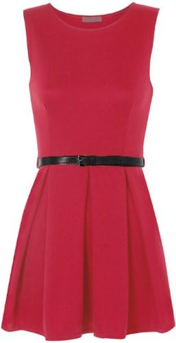 Candy Girl Clothing Sleevless Plain Skater Dress Belted (XXXL, Cerise)