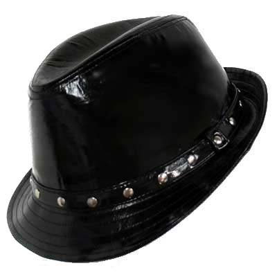Black Faux Patent Leather Trilby Stingy Brim Fedora Hat