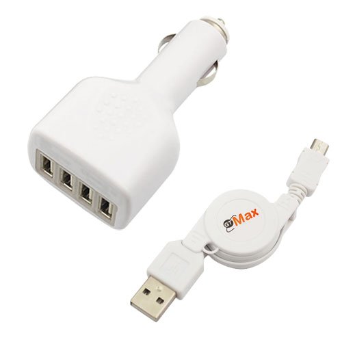 EZOPower White Rapid 4-Port USB Car Power Charger + White Retractable Micro-USB Sync & Charging Data Cable