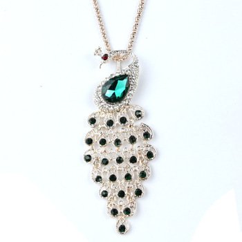 Best Colorful Rhinestone Noble Elegant Peacock Long Necklace,Green