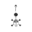 Stainless Steel Belly Ring with Black Crystals - Dangling Skull with Crossbones