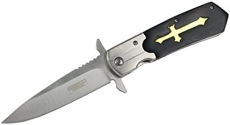 4.5" Steel Blade Gold Cross Wood Handle Spring Assist Pocket Knife with Belt Clip