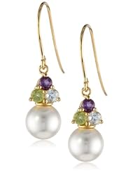 18k Gold Plated Sterling Silver Genuine White Shell Pearl, Blue Topaz, Peridot, and Amethyst Drop Earrings