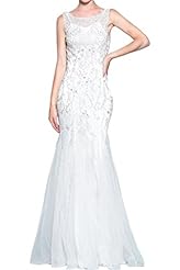 Natural   Waistline Sleeveless Jeweled Beaded Open-Back Mermaid Tulle Wedding Dress 