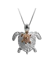 Sterling Silver Turtle Mother and 14k Rose Gold Finished Baby Necklace Pendant with Box Chain