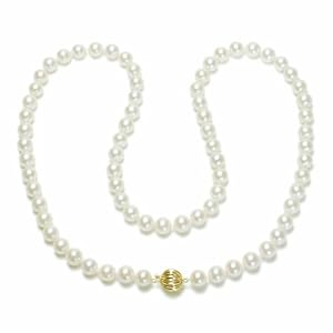 14k Yellow Gold Saltwater Cultured Akoya Pearl AA Grade 7.5-8mm Necklace, 24 by