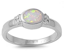 Sterling Silver Ring w/ Oval Lab Created Opal - Face Height: 6mm - Face Width: 12mm - Sizes 6 to 9