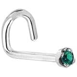 Solid 14KT White Gold 1.5mm Genuine Green Diamond Left Nostril Screw- 20 Gauge